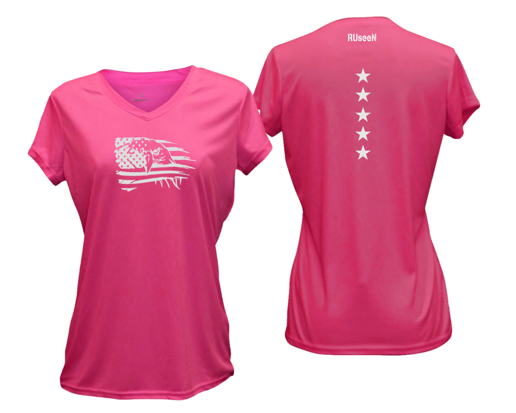 Women's Reflective Short Sleeve Shirt - Eagle Flag - Neon Pink
