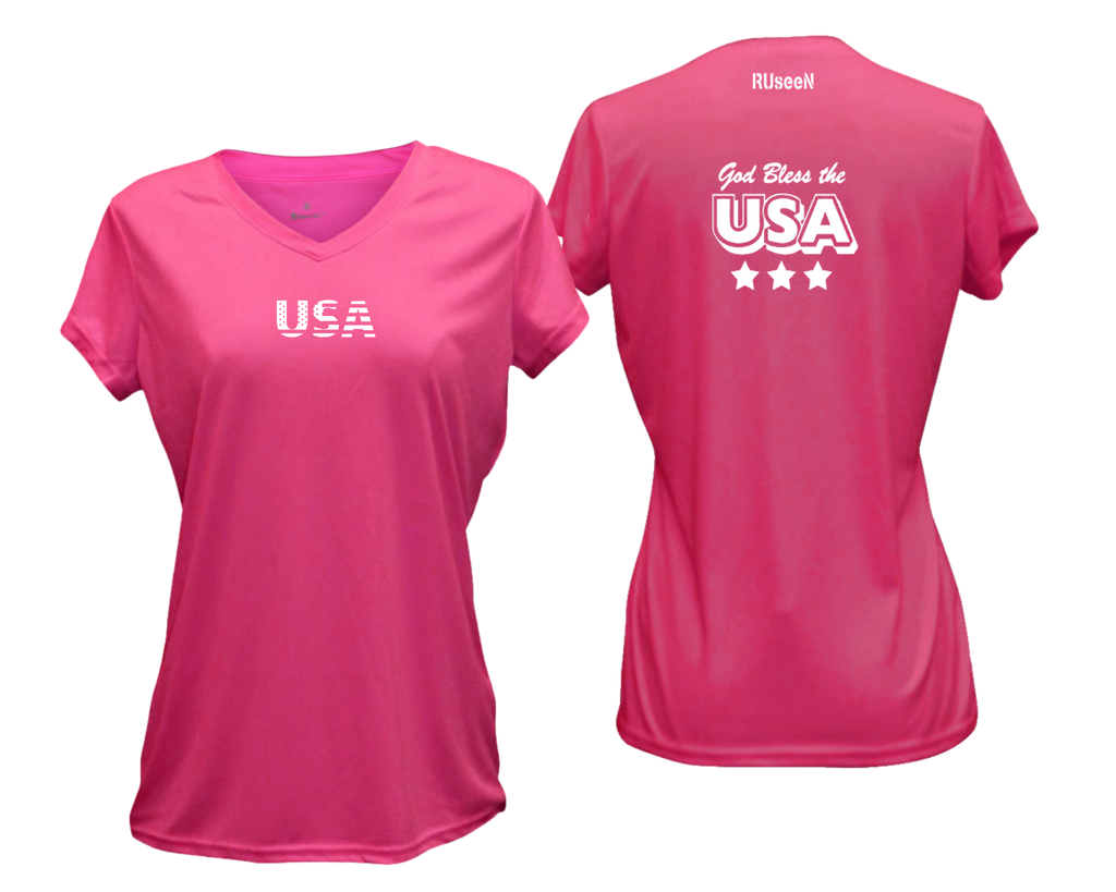 Women's Reflective Short Sleeve Shirt - God Bless the USA - Neon Pink