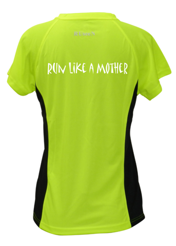 WOMEN'S REFLECTIVE SHORT SLEEVE SHIRT - RUN LIKE A MOTHER - Front - Lime with Black Sides