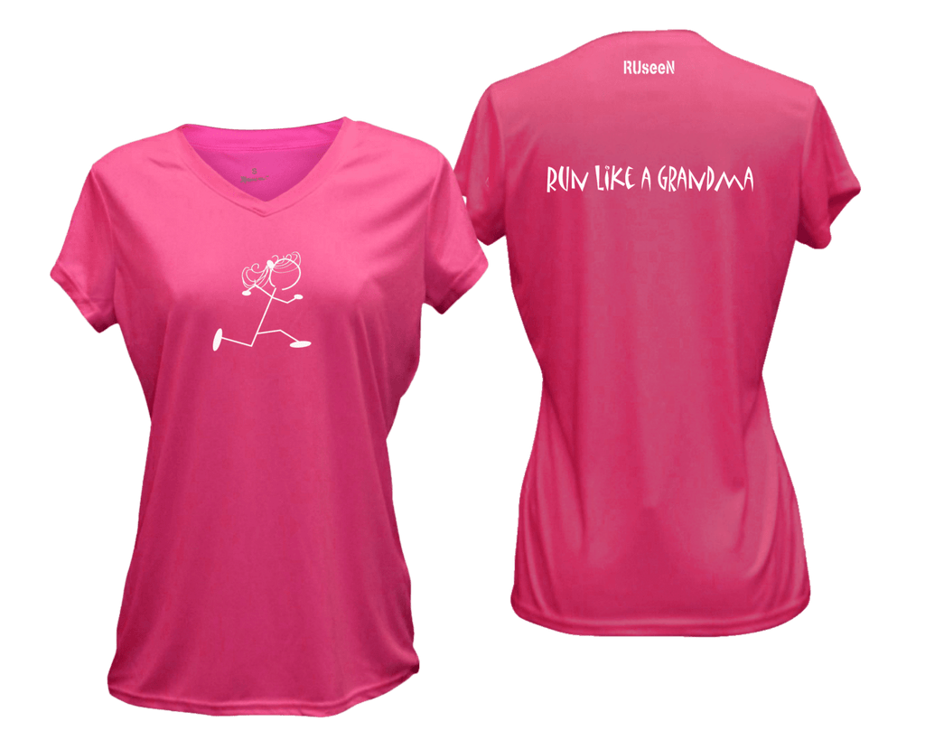 WOMEN'S REFLECTIVE SHORT SLEEVE SHIRT – RUN LIKE A GRANDMA - Front & Back – Neon Pink