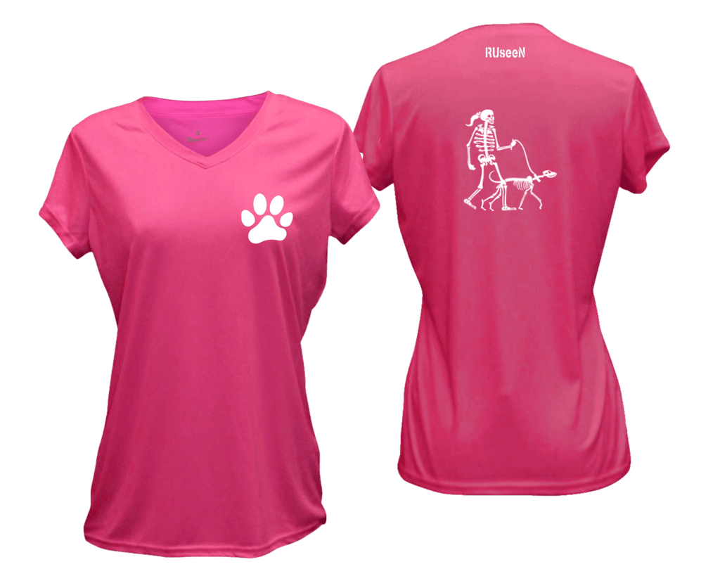 WOMEN'S REFLECTIVE SHORT SLEEVE SHIRT –  SKELETON WALKING SKELETON DOG - Front & Back – Neon Pink