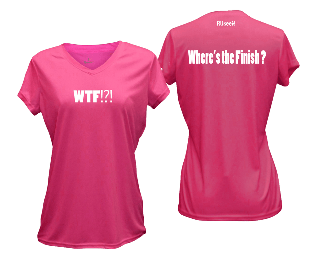 WOMEN'S REFLECTIVE SHORT SLEEVE SHIRT –  WHERE'S THE FINISH? - Front & Back –  Neon Pink