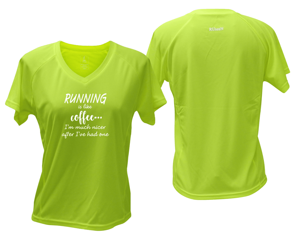WOMEN'S REFLECTIVE SHORT SLEEVE SHIRT – RUNNING IS LIKE COFFEE – Front & Back – Lime Yellow