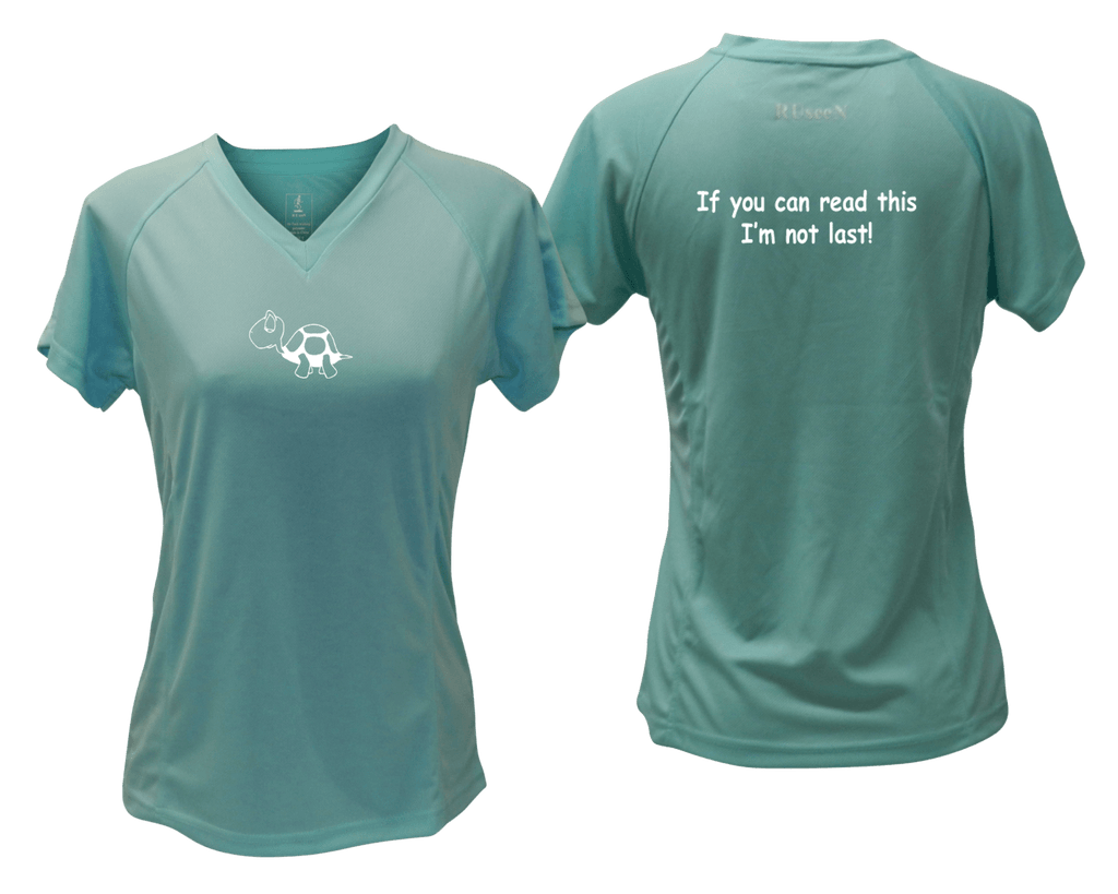 WOMEN'S REFLECTIVE SHORT SLEEVE SHIRT –  I'M NOT LAST - Front & Back – Sea Green