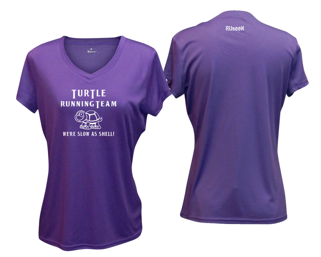 WOMEN'S REFLECTIVE SHORT SLEEVE SHIRT - TURTLE RUNNING TEAM - Front & Back - Purple