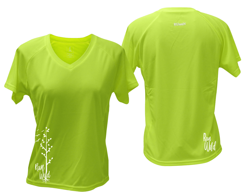 WOMEN'S REFLECTIVE SHORT SLEEVE – RUN WILD – Front & Back – Lime Yellow