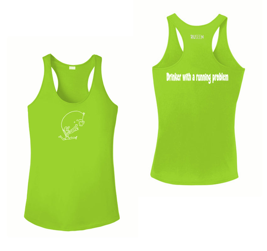 WOMEN'S REFLECTIVE TANK TOP SHIRT –  DRINKER WITH A RUNNING PROBLEM - Front & Back –  Lime Green