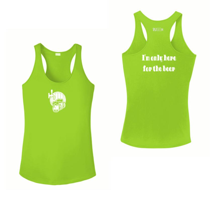 Women's Reflective Tank Top - I'm Only Here For The Beer - Front & Back - Lime Green