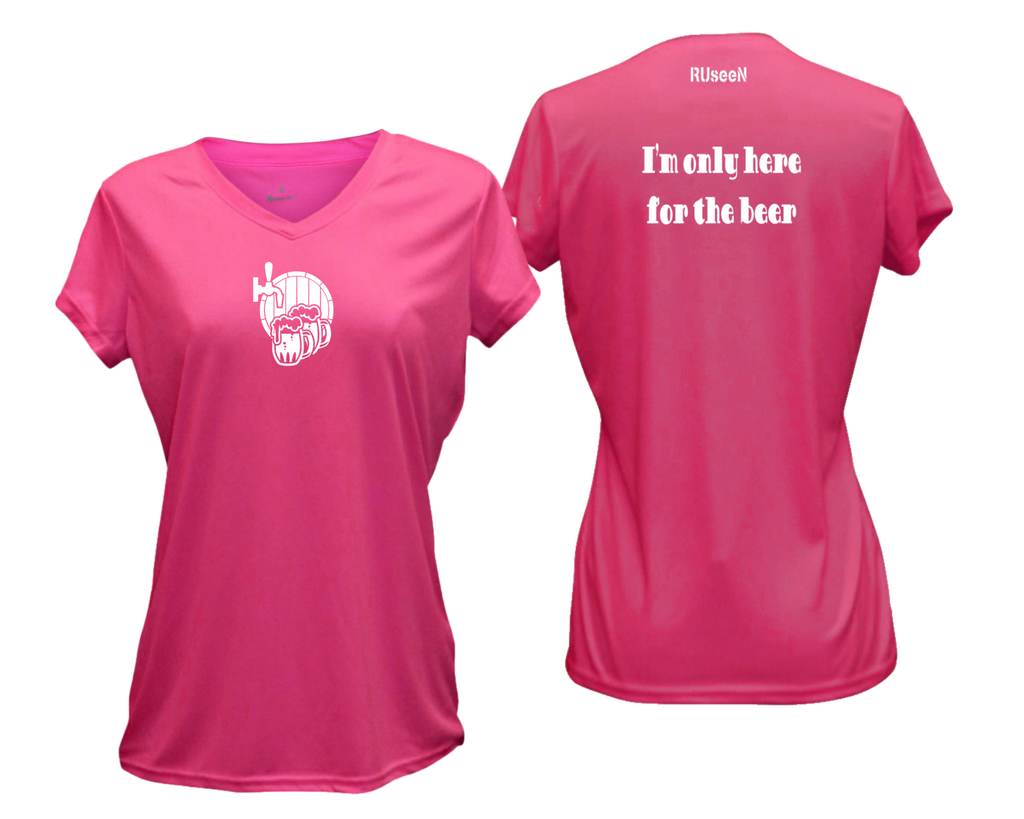 Women's Reflective Short Sleeve Shirt - I'm Only Here For The Beer - Front & Back - Neon Pink