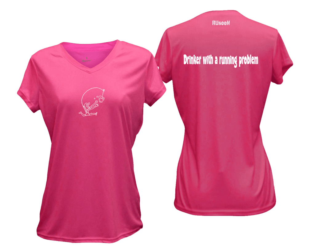 WOMEN'S REFLECTIVE SHORT SLEEVE SHIRT - DRINKER WITH A RUNNING PROBLEM - Front & Back - Neon Pink