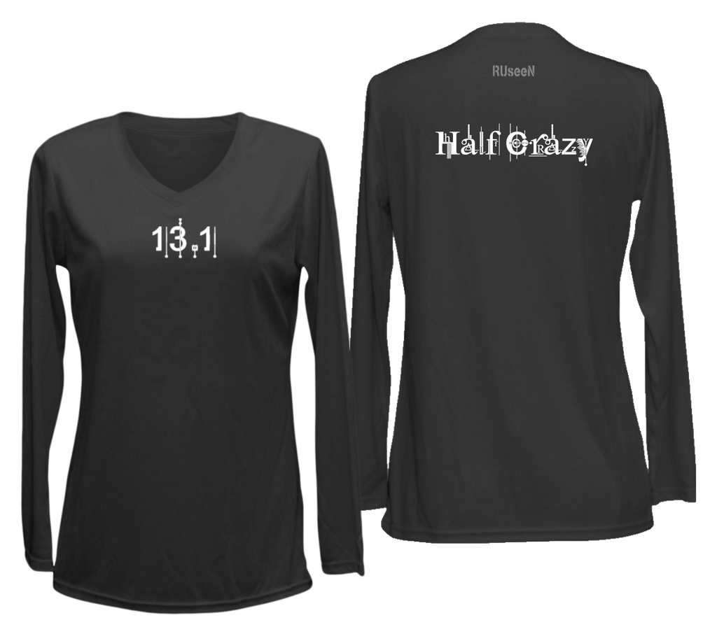 Women's Reflective Long Sleeve - New 13.1 Half Crazy is Still Crazy - Front & Back - Black