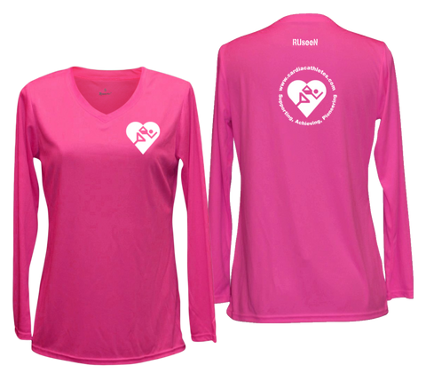 WOMEN'S REFLECTIVE LONG SLEEVE - CARDIAC ATHLETES .ORG - Front & Back - Neon Pink