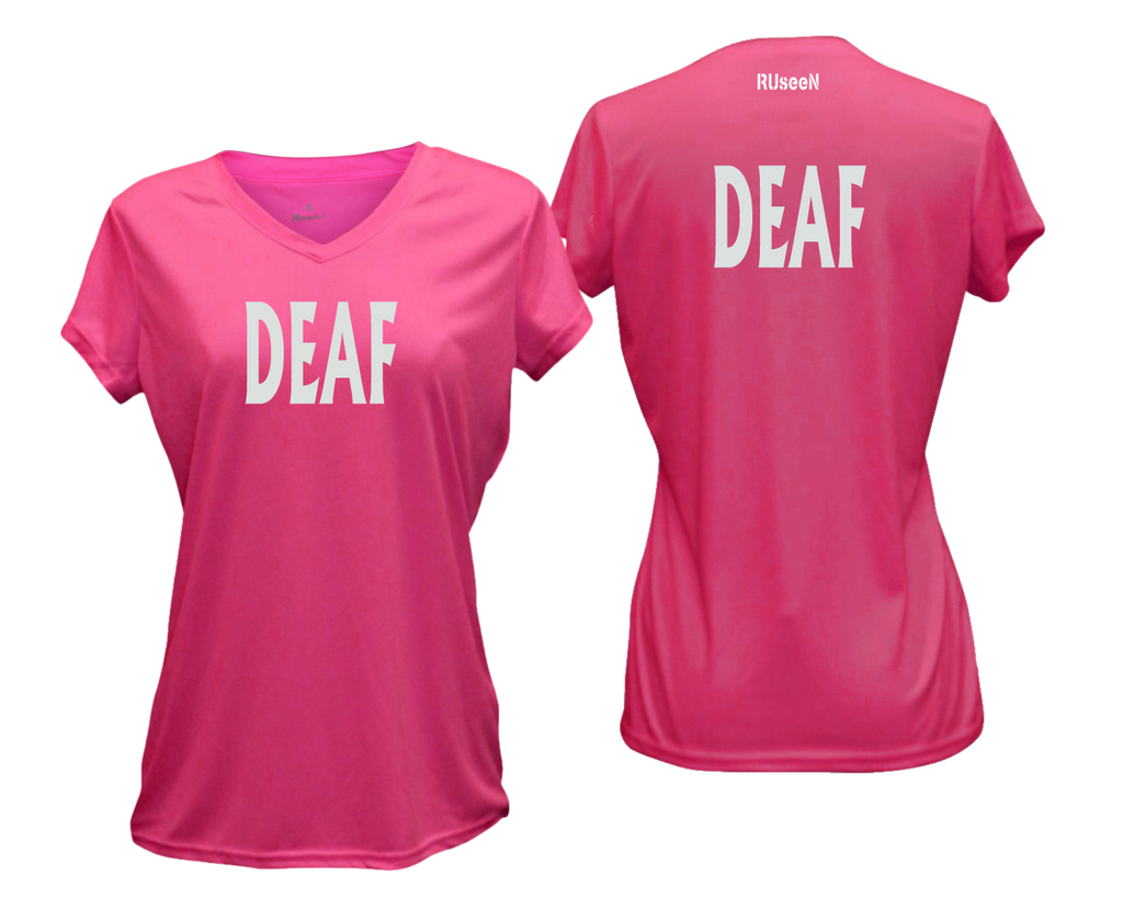 WOMEN'S REFLECTIVE SHORT SLEEVE SHIRT – DEAF - Front & Back – Neon Pink