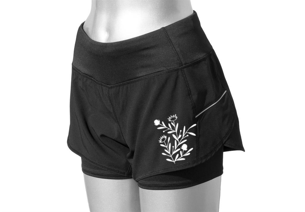 WOMEN'S REFLECTIVE SHORTS - 2-in-1 Shorts - Black - Floral Pattern - Front