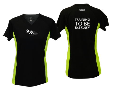 WOMEN'S REFLECTIVE SHORT SLEEVE SHIRT –  TRAINING TO BE THE FLASH - Front & Back – Black with Lime Sides