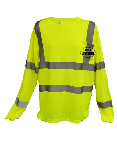 ANSI Reflective Class 3 Long Sleeve Shirt with Pocket & Logo - Lime Yellow - Front