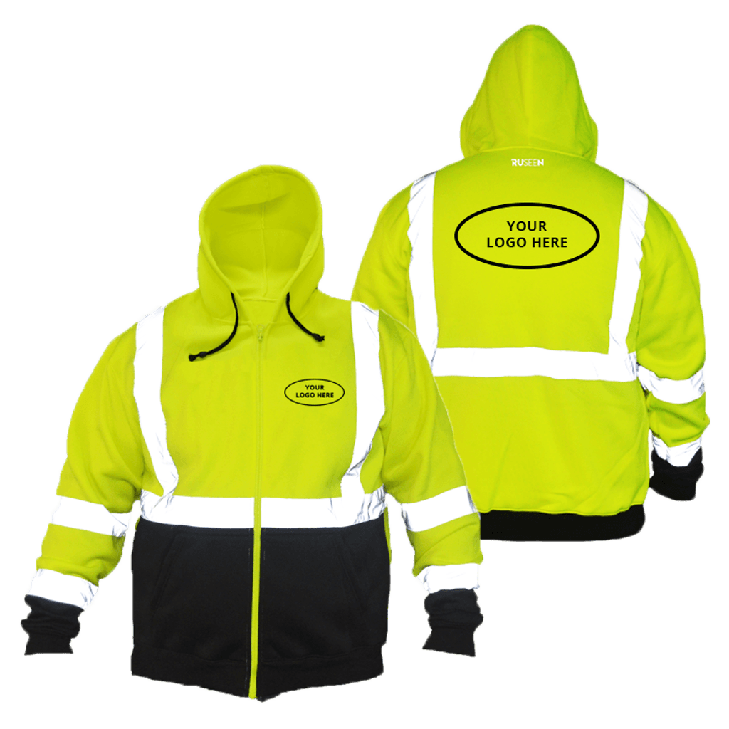 Class 3 ANSI 2-Tone Zip Reflective Hoodie with Logo - Front & Back - Safety Yellow