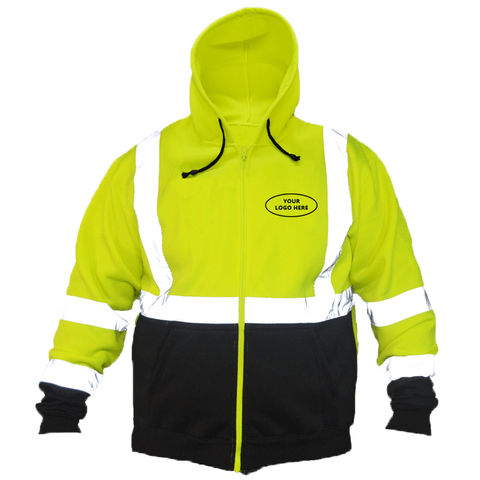 Class 3 ANSI 2-Tone Zip Reflective Hoodie with Logo - Front - Safety Yellow