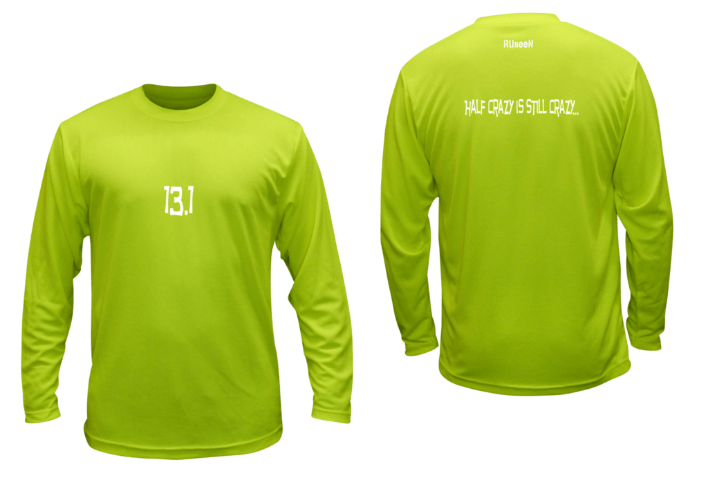 Unisex Reflective Long Sleeve Shirt - 13.1 Half Crazy - Front & Back - Lime Yellow