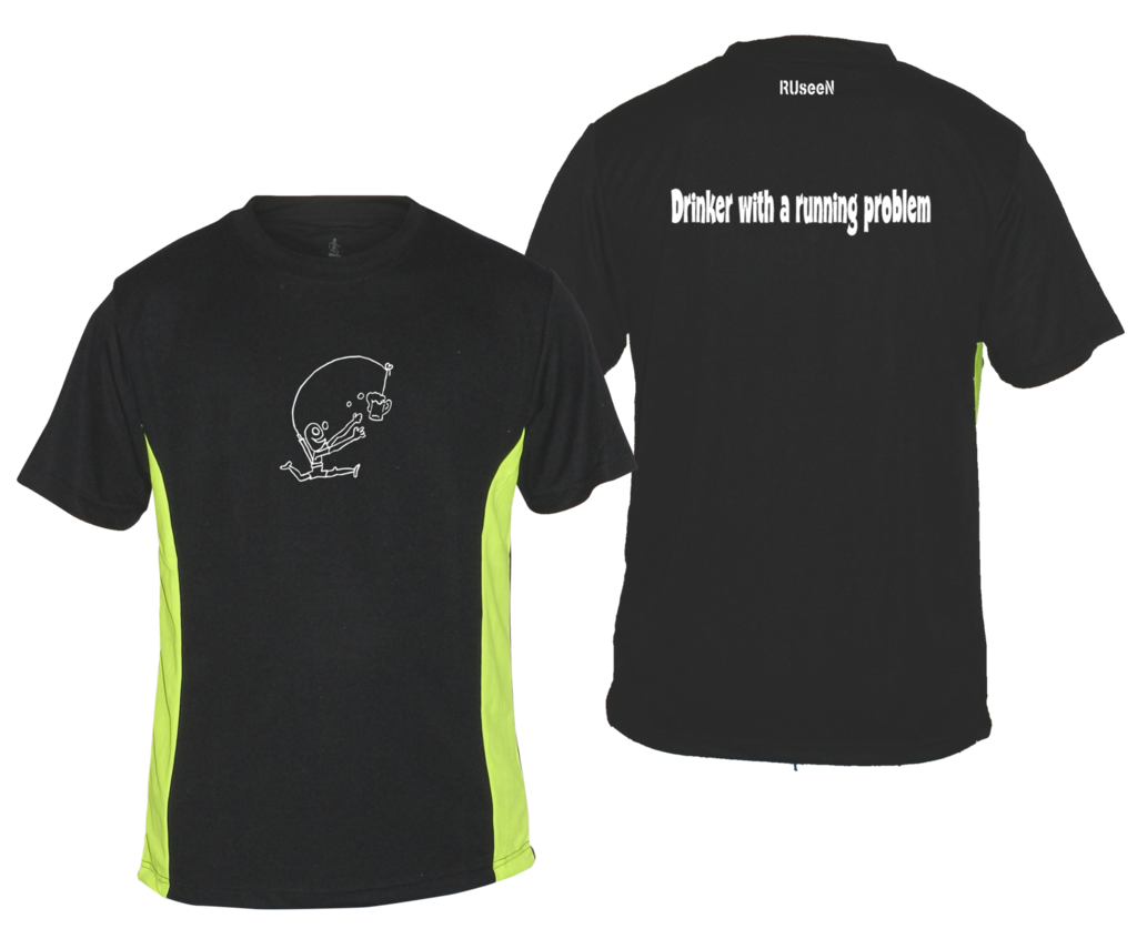 Men's Reflective Short Sleeve Shirt - Drinker with a Running Problem - Front & Back - Black w/ Lime Yellow Stripe