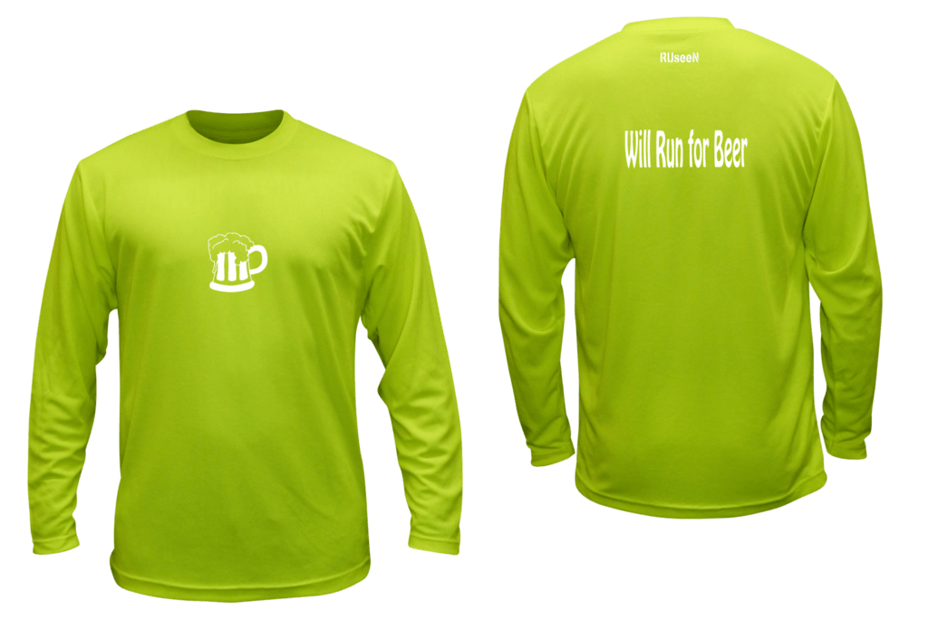Unisex Reflective Long Sleeve - Will Run for Beer - Front & Back - Lime Yellow