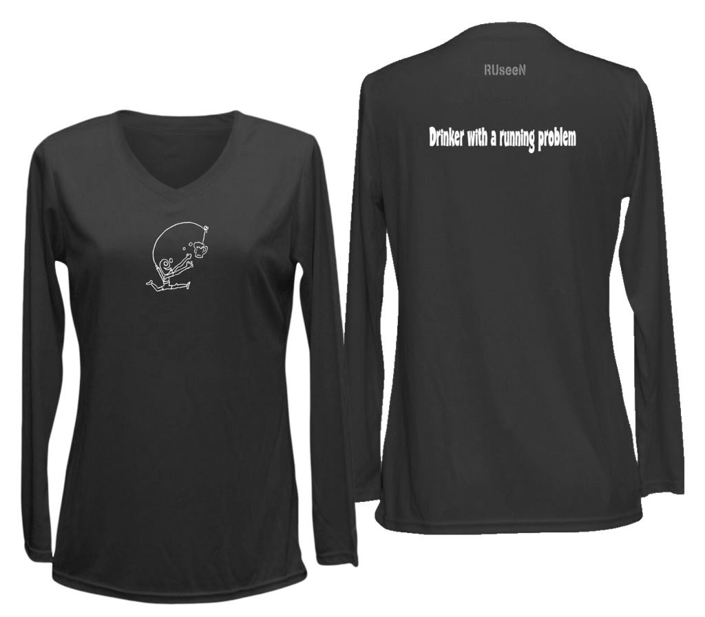 Women's Reflective Long Sleeve Shirt - Drinker with a Running Problem - Front & Back - Black