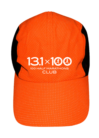 Reflective 4-panel Adjustable Hat - 100 Half Marathons Club - Front - Orange - White Logo