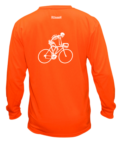 Unisex Reflective Long Sleeve Shirt - Male Skeleton on Road Bike - Back - Orange
