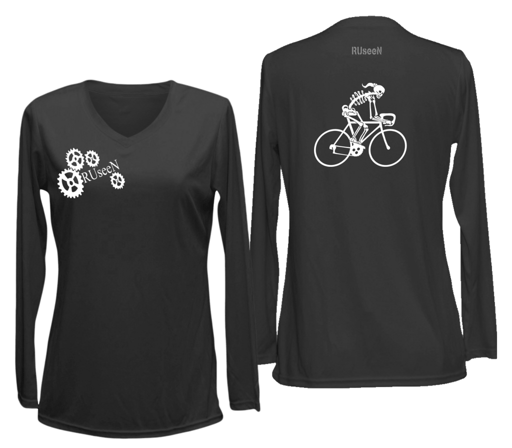 Women's Reflective Long Sleeve Shirt - Road Bike Skeleton - Front & Back - Black