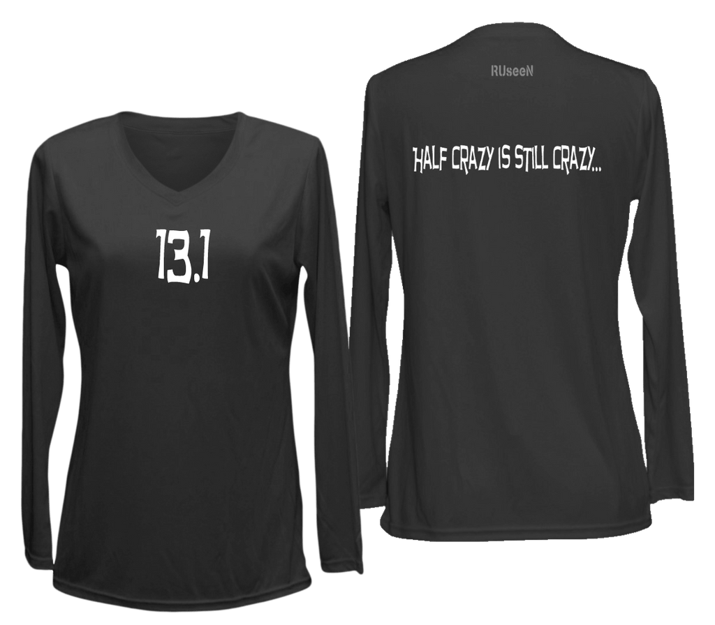 Women's Reflective Long Sleeve Shirt - 13.1 Half Crazy - Front & Back - Black