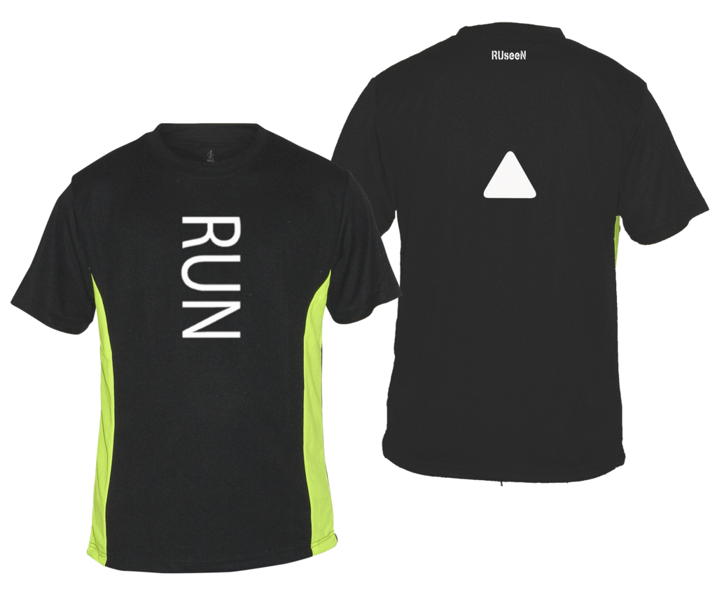 Men's Reflective Short Sleeve Shirt - RUN - Front & Back - Black w/ Lime Yellow Stripes
