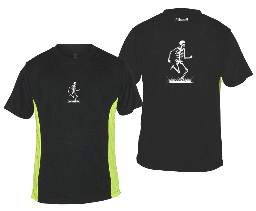 Men's Reflective Short Sleeve Shirt - Skeleton - Front & Back - Black w/ Lime Yellow Stripe