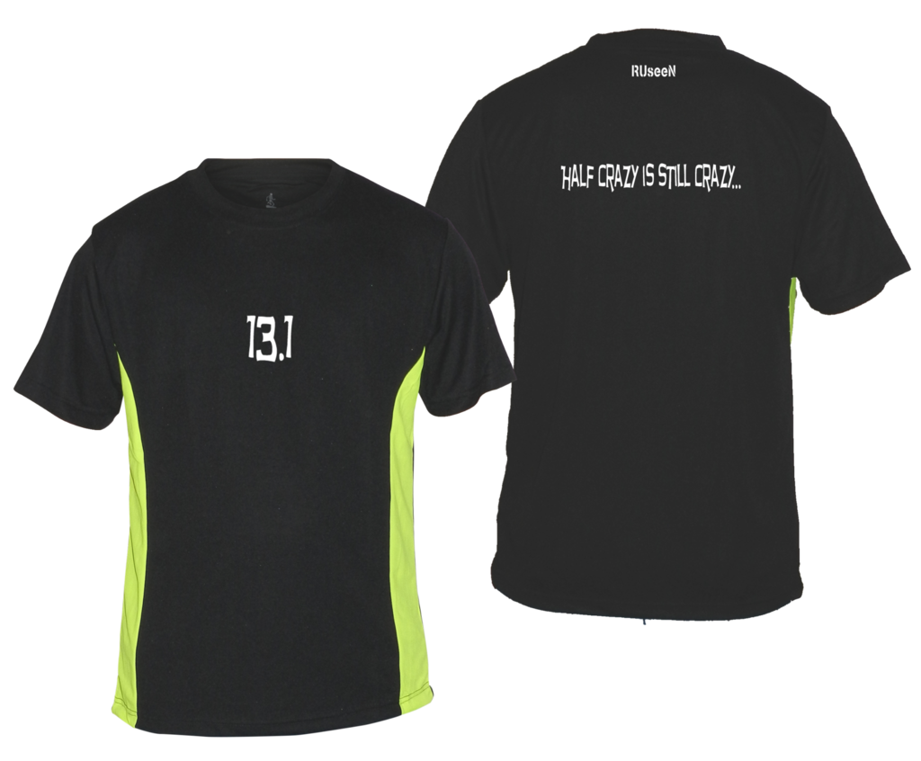 Men's Reflective Short Sleeve Shirt - 13.1 Half Crazy - Front & Back - Black w/ Lime Yellow Stripe