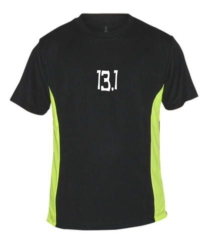 Men's Reflective Short Sleeve Shirt - 13.1 Half Crazy - Front - Black w/ Lime Yellow Stripe