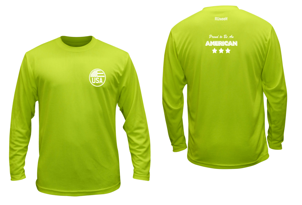 Unisex Reflective Long Sleeve Shirt - Proud American - Front & Back - Lime Yellow