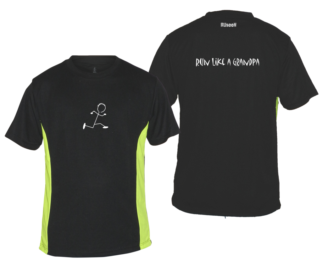 Men's Reflective Short Sleeve Shirt - Run Like a Grandpa - Front & Back - Black w/ Lime Yellow Stripe