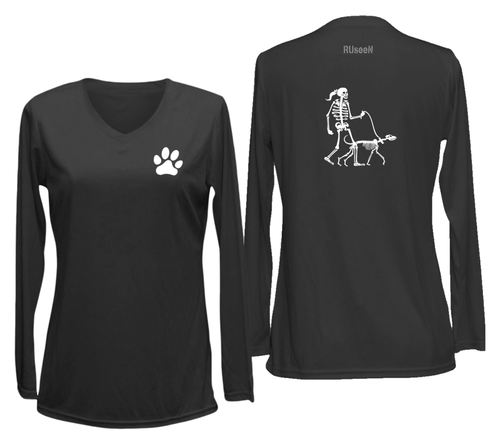 Women's Reflective Long Sleeve Shirt - Dog - Front & Back - Black