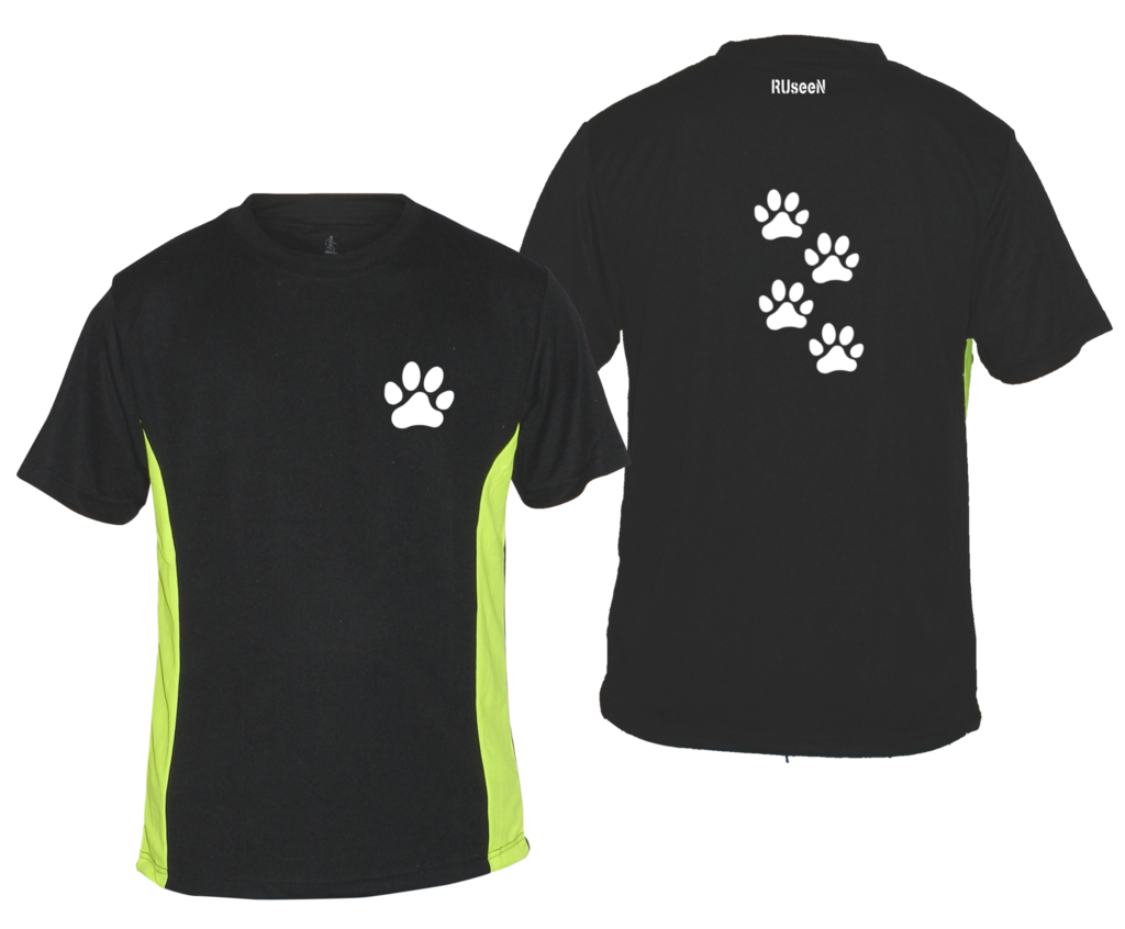 Men's Reflective Short Sleeve Shirt - Paws - Front & Back - Black w/ Lime Yellow Stripe