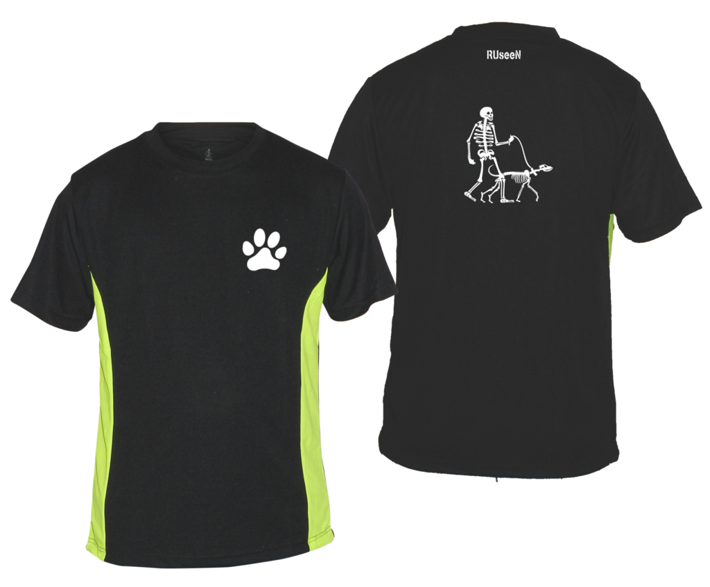 Men's Reflective Short Sleeve Shirt - Skeleton Walking Skeleton Dog - Front & Back - Black w/ Lime Yellow Stripe
