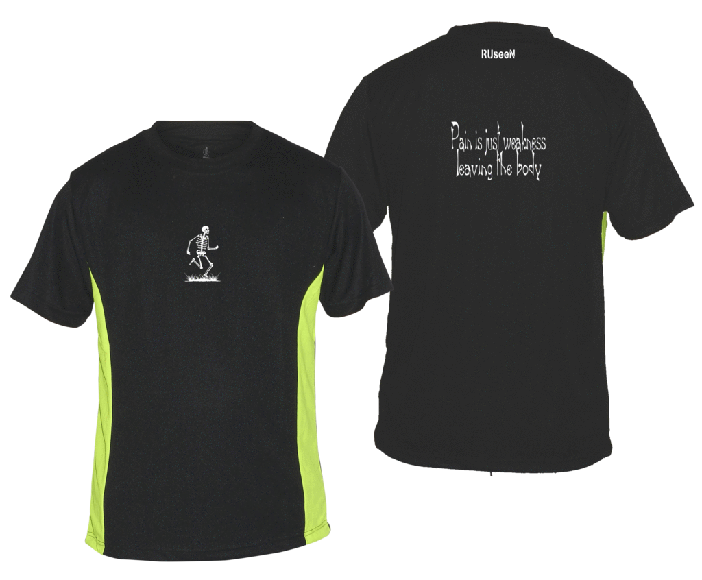 Men's Reflective Short Sleeve Shirt - Pain is Weakness - Front & Back - Black w/ Lime Yellow Stripe