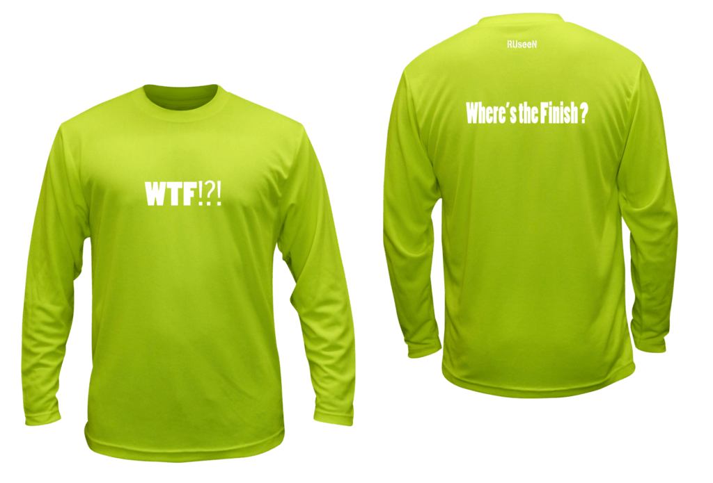 Unisex Reflective Long Sleeve - Where's the Finish? - Front & Back - Lime Yellow