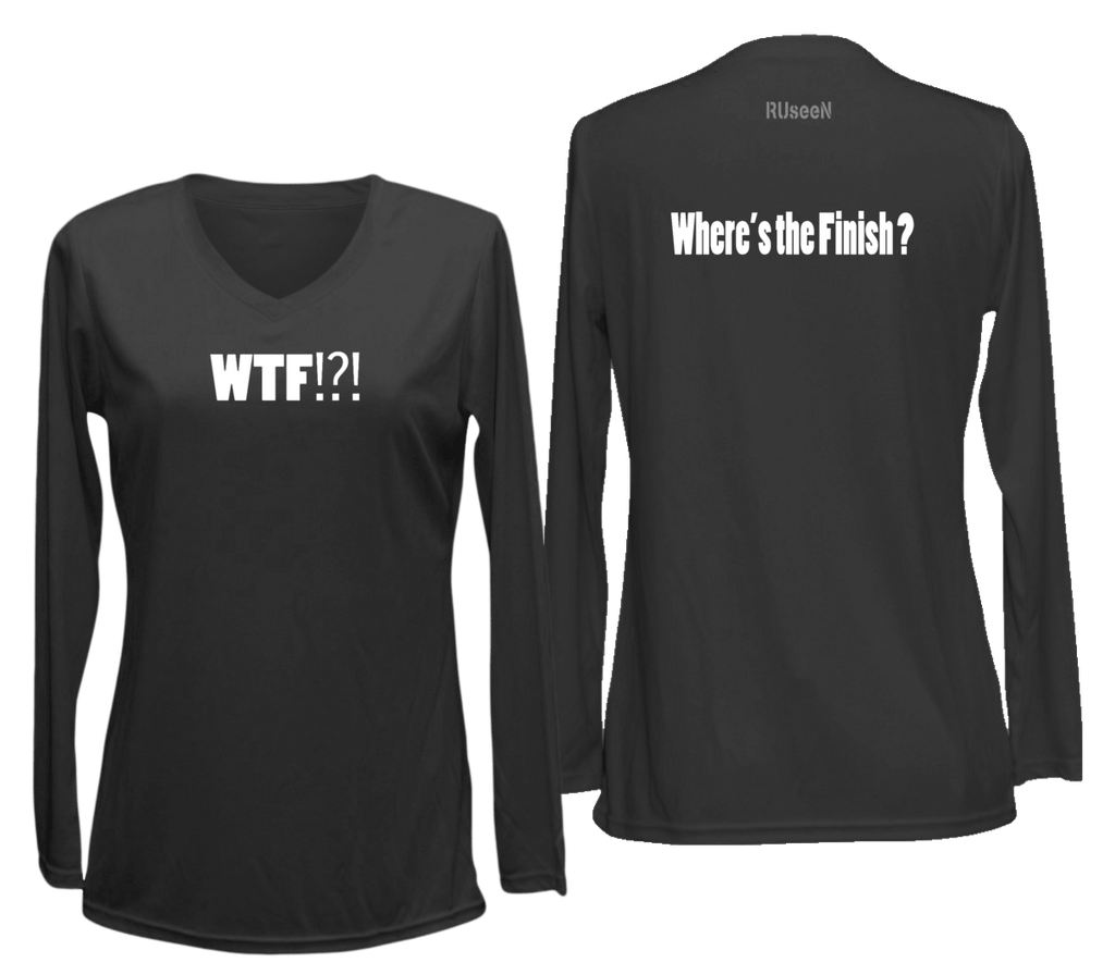 Women's Reflective Long Sleeve Shirt - Where's the Finish? - Front & Back - Black
