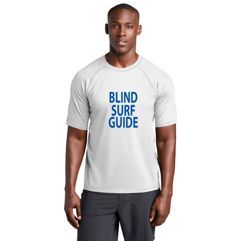 White short sleeve rash guard tee - front reads BLIND SURF GUIDE in blue