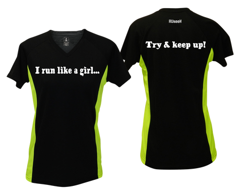 Women's Reflective Short Sleeve Shirt - I Run Like a Girl - Black & Lime