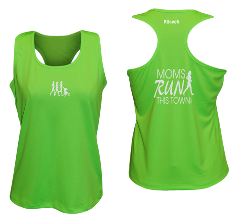 Women's Reflective Tank Top - Moms Run This Town - Front & Back - Neon Green